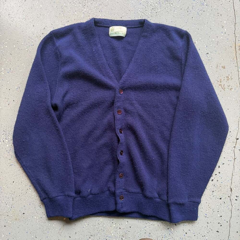 Vintage 1970s Blue Cardigan Sweater, Size L